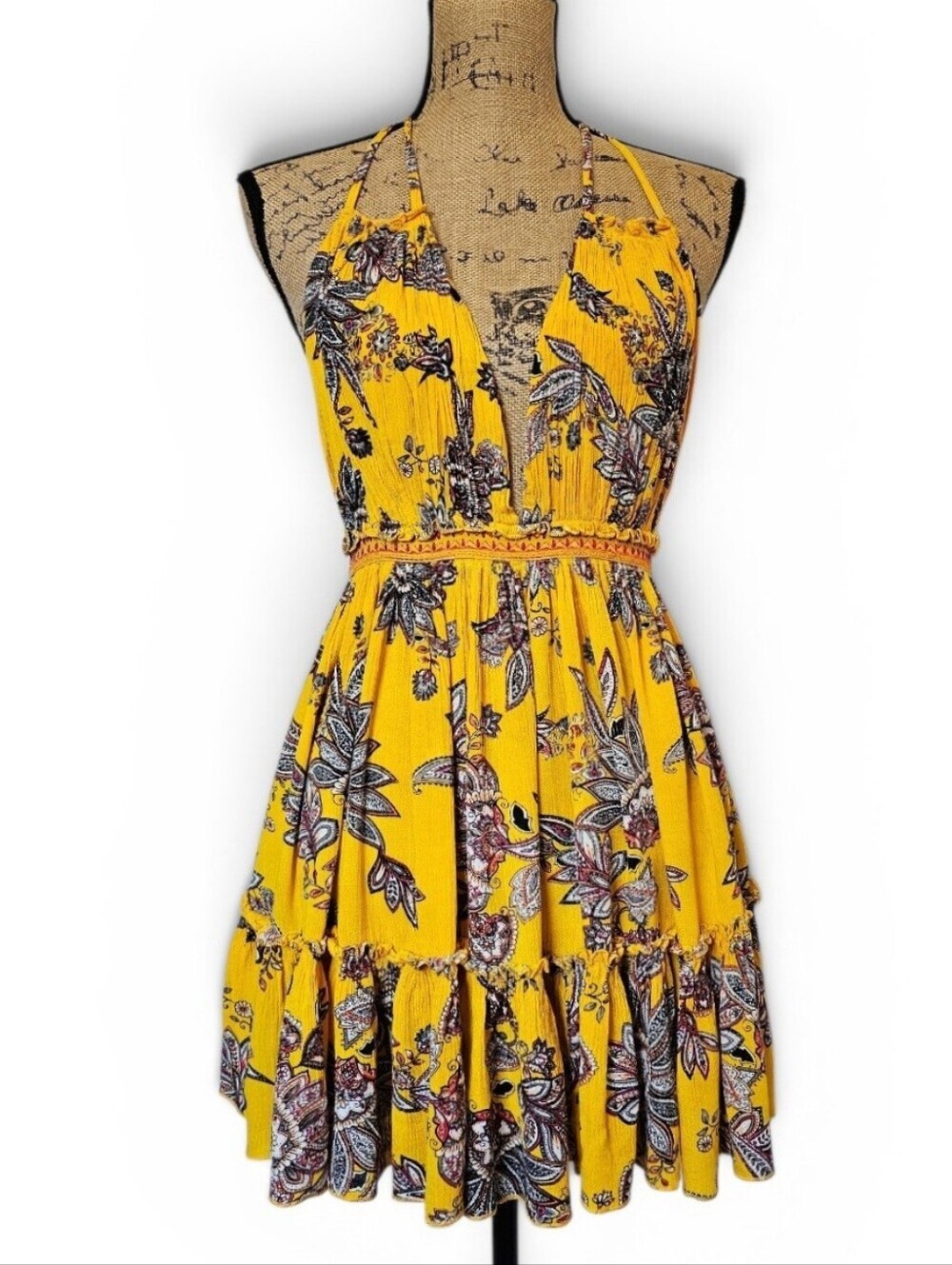 Boohoo Yellow Floral Boho Halter Mini Dress Open Back Tiered Sundress, Size 8